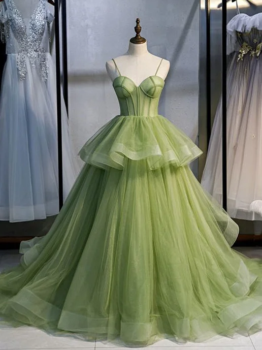 Today Only – Don’t Miss It!Spaghetti Long A-line Prom Gown, Green Tulle Long Prom Dresses, Newest Prom Dresses, 2021 Prom Dresses