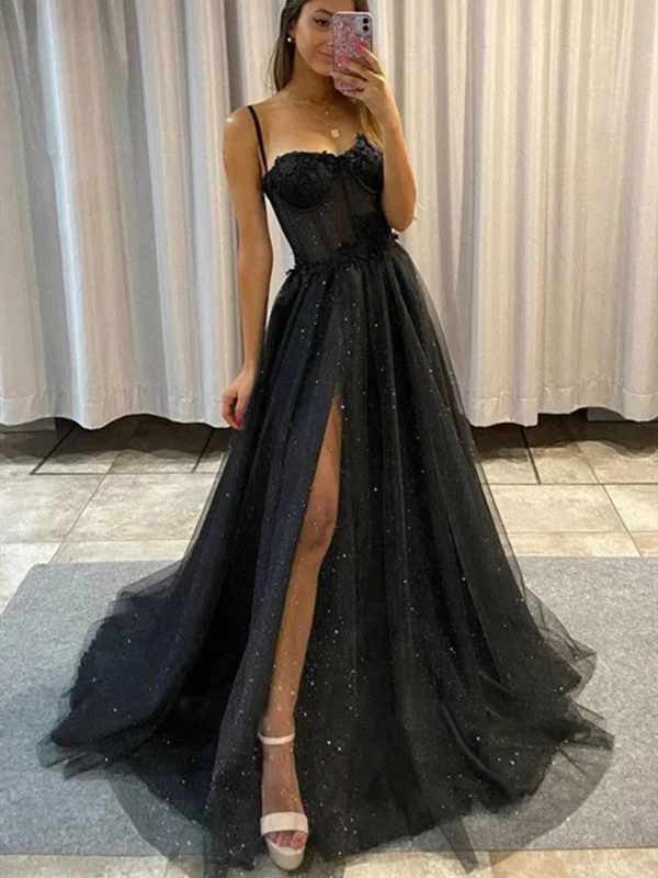 Score Huge Discounts Today!Spaghetti Straps A-line Black Long Prom Dresses, Glitter Newest 2022 Prom Dresses, Fashion Evening Party Dresses