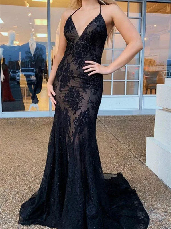 Lowest Prices Guaranteed!Spaghetti Straps Lace Long Prom Dresses, Popular Mermaid Design Evening Dresses, Newest 2022 Black Prom Dresses