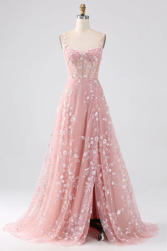 Upgrade for Less!Sparkly Blush A Line Spaghetti Straps Sequin Corset Prom Dress With Slit