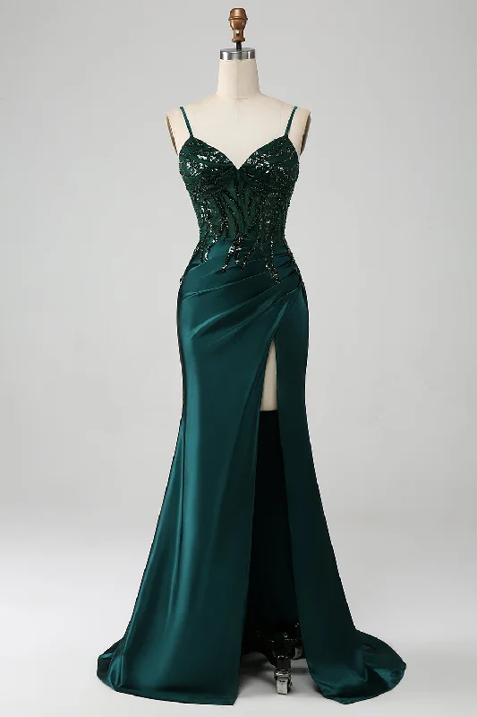 Special Offer – Act Fast!Sparkly Dark Green Mermaid Sequin Pleated Corset Prom Dress With Slit