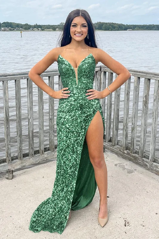 The Sale You’ve Been Waiting For!Sparkly Green Sheath Sequins Long Prom Dress with Slit