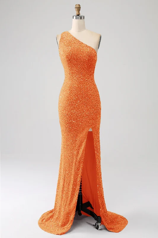Everything Must Go!Sparkly Orange Mermaid One Shoulder Sequins Prom Dress with Slit