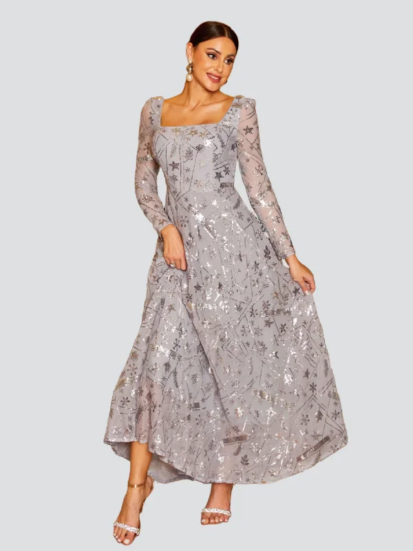 Savings You Can’t Ignore!Square Neck A-line Sequin Grey Prom Dress RJ11097