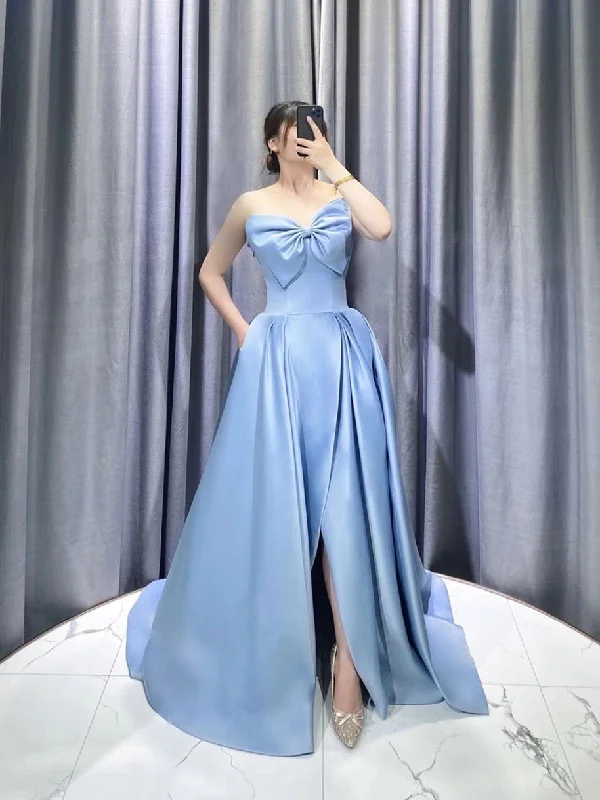 Buy More, Pay Less!Strapless Blue Satin Prom Dresses, A-line Prom Dresses, 2021 Prom Dresses, Newest Prom Dresses