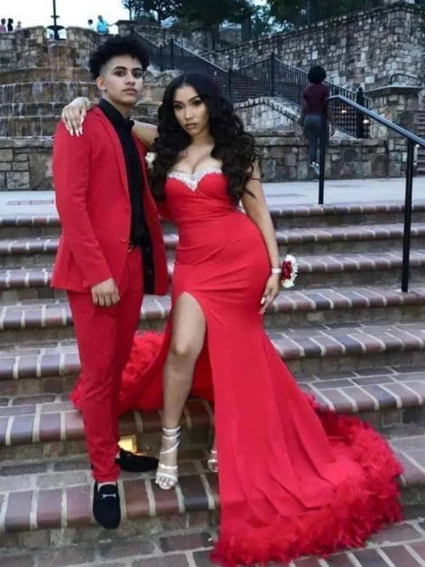 Mega Sale Happening Now!Sweetheart Red Color 2021 Prom Dresses, High Side Slit Sexy Prom Dresses, Mermaid Prom Dresses