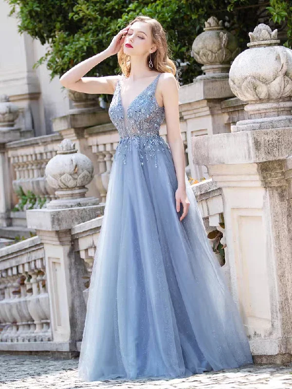 Find Your Perfect Deal Today!V-neck Dusty Blue Beaded Tulle Prom Dresses, A-line Prom Dresses, Newest Prom Dresses, Popular Prom Dresses, 2021 Prom Dresses, UB210