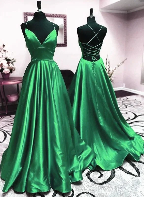 Find the Best Deals Here!V Neck Green Backless Long Prom Dresses, Open Back Green Long Formal Dresses   cg24861