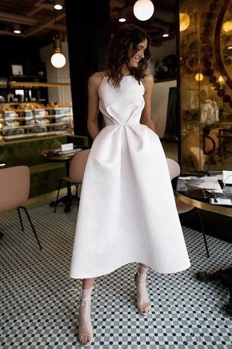 Enjoy Huge Discounts Now!White Satin Short Prom Dress with Pockets