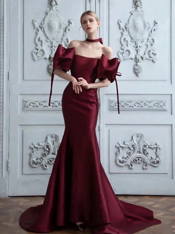 The Sale You’ve Been Waiting For!Wine Red Mermaid Satin Prom Dresses, Rosie Long Prom Dresses, Newest Prom Dresses, Affordable Prom Dresses, RC007