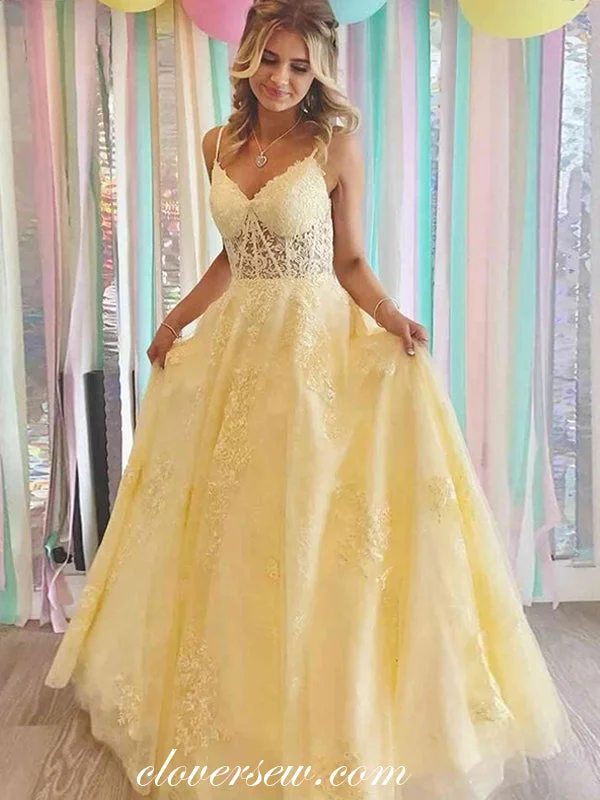 Save More When You Shop More!Yellow Lace Spaghetti Strap Lace Up Back A-line Senior Prom Dresses, CP0966