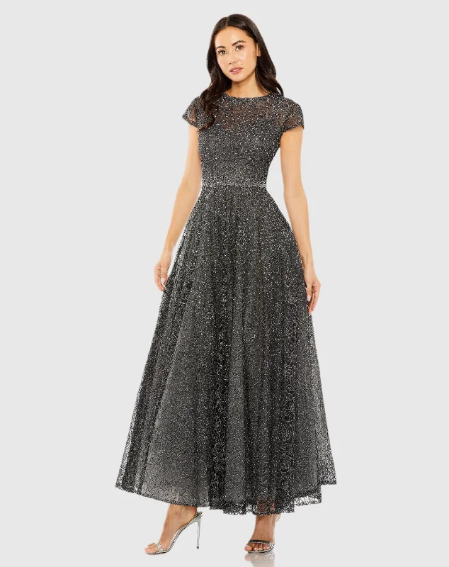 Best Offers of the Month!Gray Embellished Cap Sleeve A Line Dress