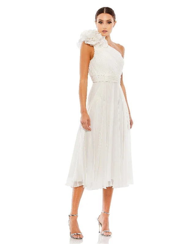 Save More Than Ever!Rosette One Shoulder Tea Length Dress