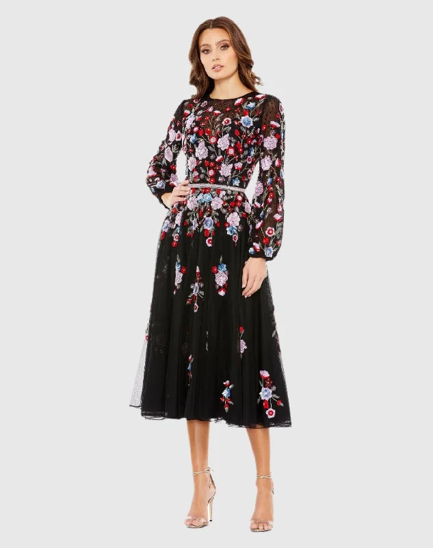 Crazy Discounts Inside!Sequined Floral High Neck Puff Sleeve Cocktail Dress