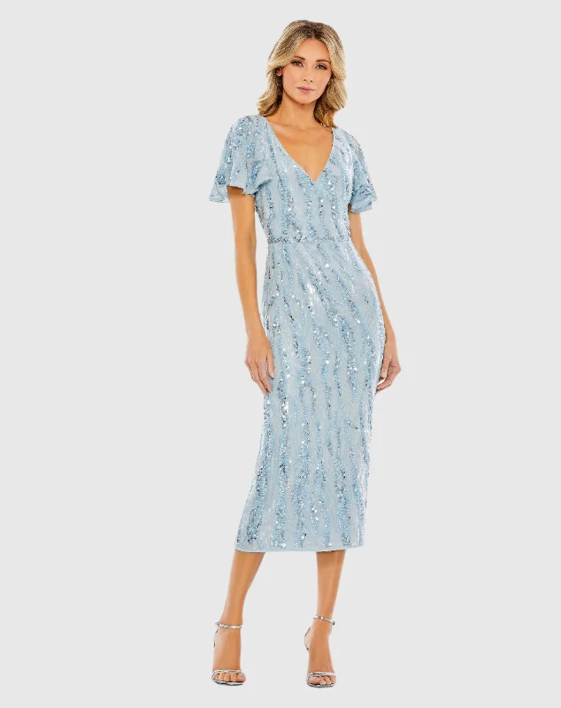 Your Shopping Wish, Our Discount Command!Sequined V Neck Flutter Sleeve Tea Length Dress