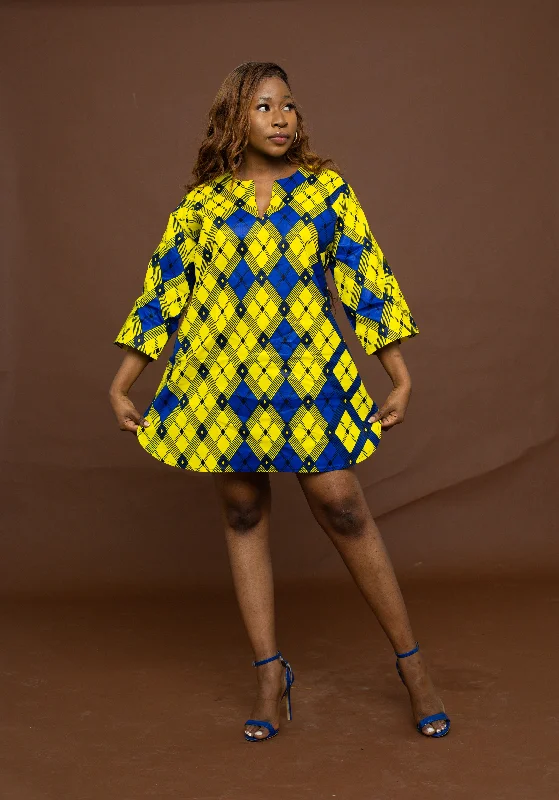 Price Drop Alert!Agu Ankara Tunic Short Dress |Yellow and Blue African Print