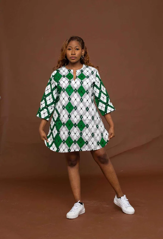 Don’t Wait – Shop Today!Alero Tunic Short Dress | White and Green African Print