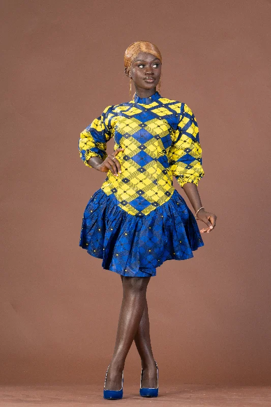 Massive Price Cuts!Ana Ankara Mini Dress | Yellow and Blue African Print