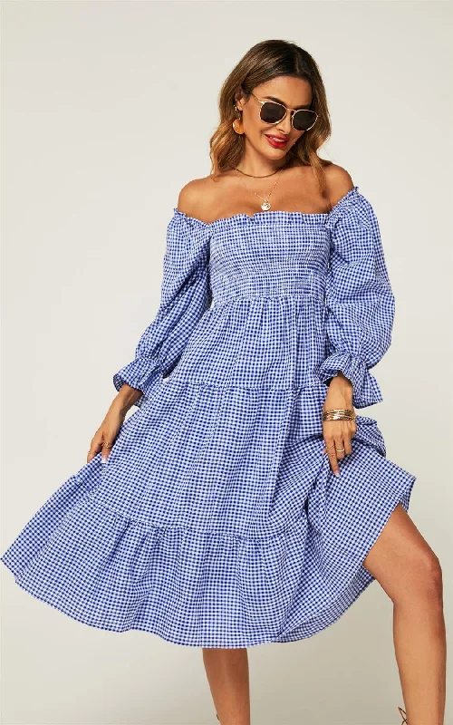 Steals and Deals Await!Bardot Puff Frill Sleeve Elasticated Detail Midi Dress In Blue