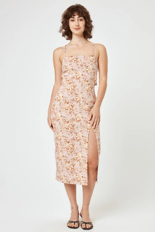 New Discounts Just Dropped!Beige Floral Tie Back Skim Midi Dress
