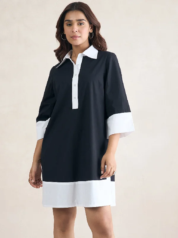 Biggest Sale of the Season!Black Colorblock Knee Length Shirt Dress