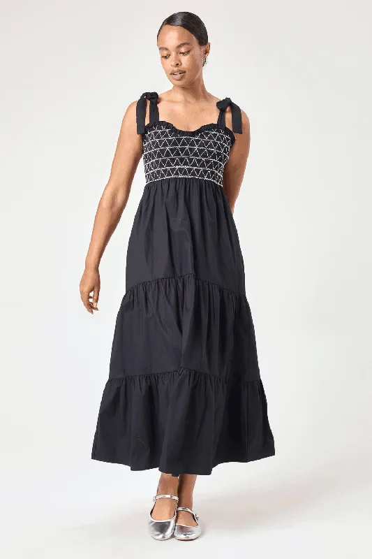 Huge Savings – Act Now!Black Embroidery Smocked Midi Dress