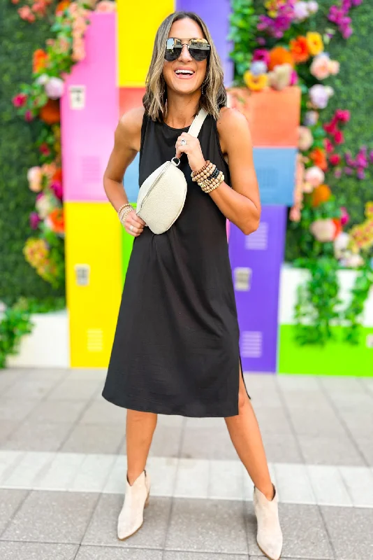 Flash Sale – Act Fast!Black Scoop Neck Sleeveless Slit Midi Dress