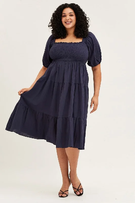 Upgrade for Less!Blue Midi Dress Off Shoulder Short Sleeve