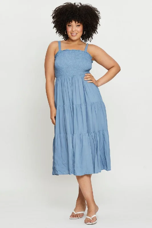 Shop Today, Save Tomorrow!Blue Midi Dress Square Neck Sleeveless