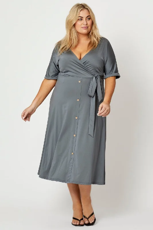 Bigger Savings, Better Shopping!Blue Midi Dress V-neck Short Sleeve Waist Tie