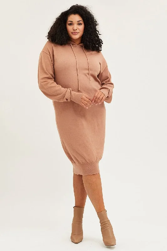 Upgrade for Less!Brown Plus Long Sleeve Hoodie Knit Dress