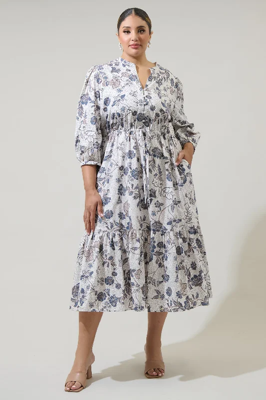 Limited Stock Available!Bryony Floral Zinnia Split Neck Midi Dress Curve