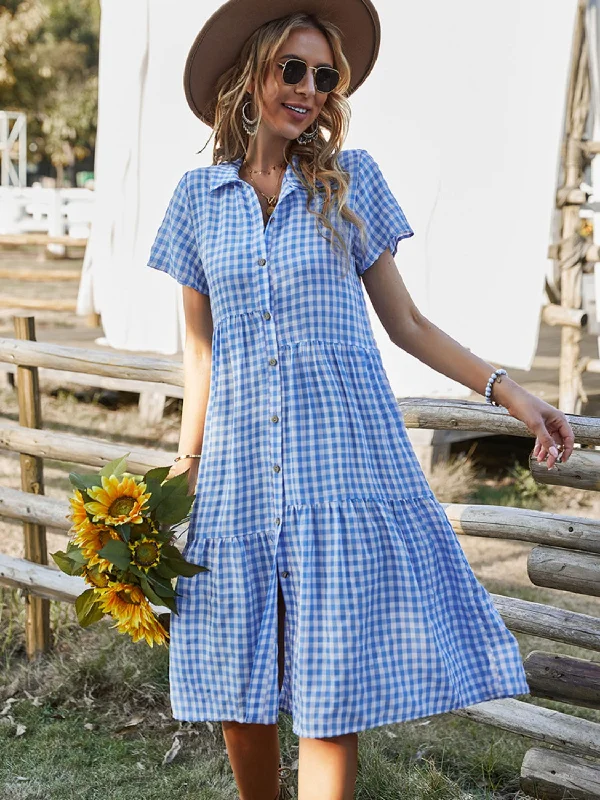 Act Fast – Limited Time Savings!Button Up Plaid Short Sleeve Midi Dress