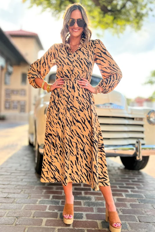 Hottest Discounts of the Year!Camel Animal Stripe Button Down Collared Midi Dress