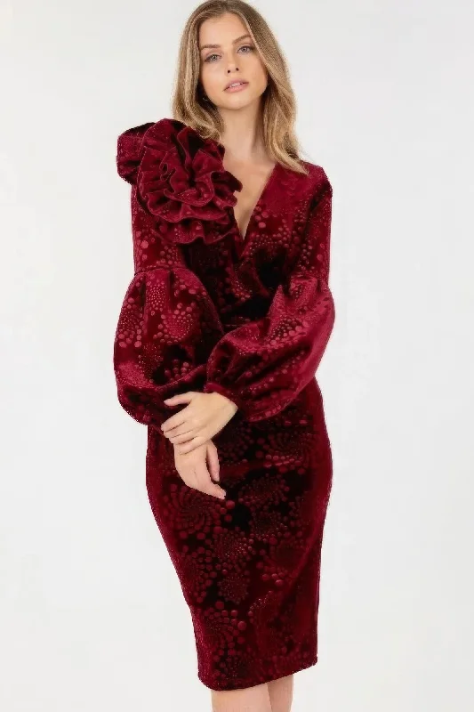The Best Sale of the Year!Hot Girl Flower Patch Flocked Velvet Fitted Midi Dress With Puff Sleeves In Deep Wine