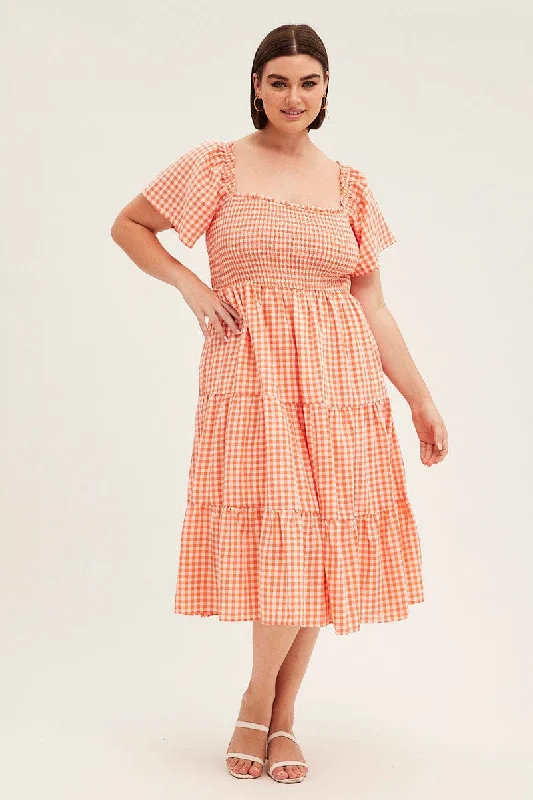 Shop Today, Save Tomorrow!Check Midi Dress Off Shoulder Short Sleeve
