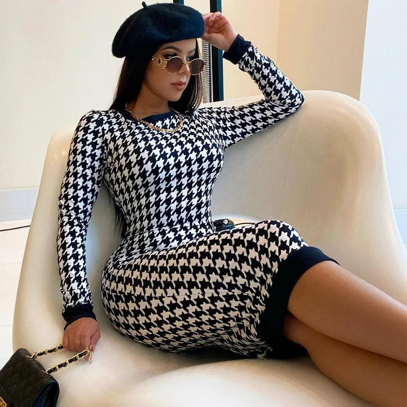 Shop Smart, Save Big!Houndstooth Print Women Long Sleeve Hollow Out Bodycon Streetwear 2024 Autumn Winter Club Elegant Slim Midi Dress