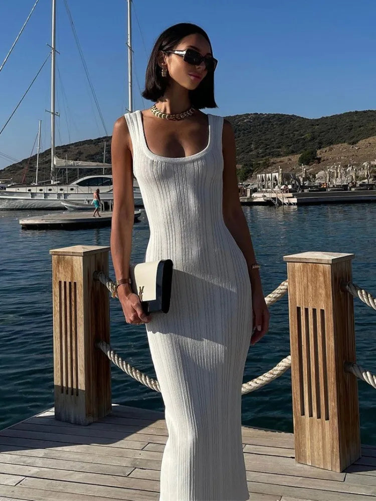Save Money, Shop Happy!White Knitted Women Summer Fashion Square Colloar Sleeveless Bodycon Party Lady Casual 2024 Midi Dress