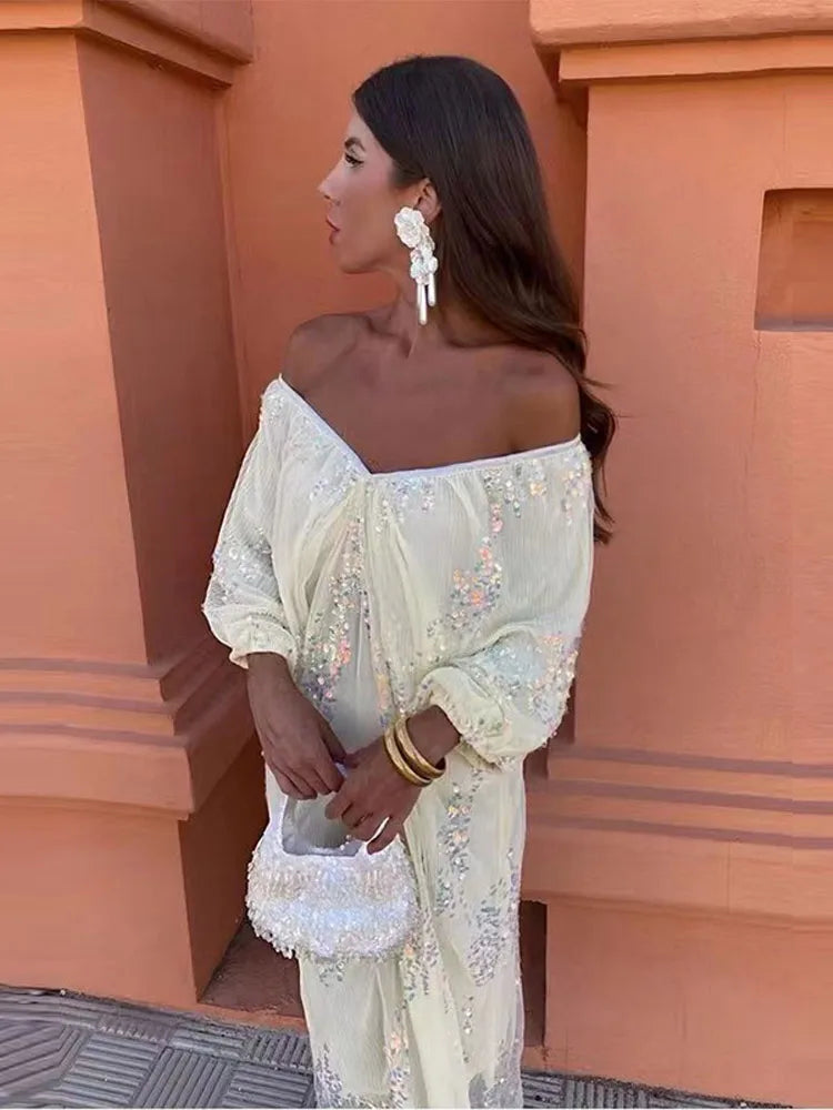 Great Deals, Just for You!Sequins Strapless Pleated Women Slash Neck Lantern Sleeve 2024 Spring Ladies New Evening Party Vestido Midi Dress