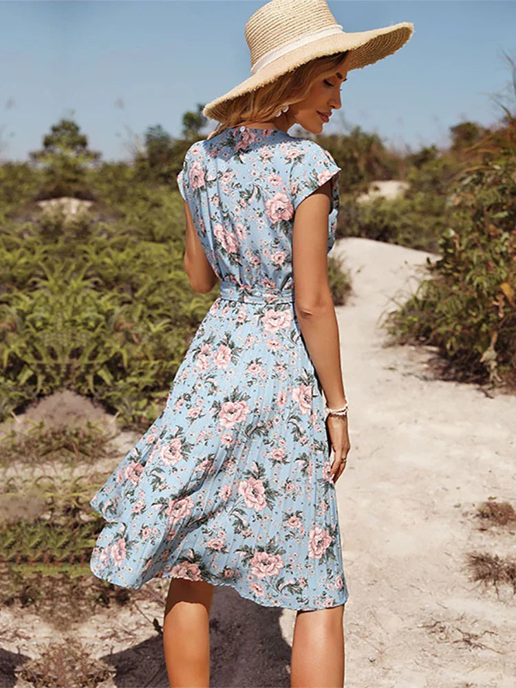 Find Your Perfect Deal Today!Floral Print Women Summer Bandage Holiday Pleated 2024 Elegant A-line Blue Short Sleeve Party Midi Dress