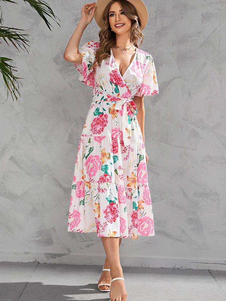 Buy One, Get One Free!Summer Women Casual Floral Print Ruffle Big Hem Beach Fashion V Neck Bandage White 2024 New Midi Dress