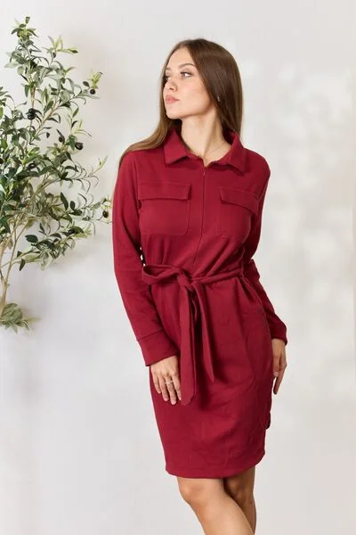 Price Drop Alert!Full Size Tie Front Half Zip Long Sleeve Shirt Dress