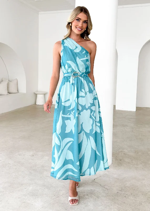 Grab Yours Before It’s Too Late!Dana One Shoulder Midi Dress - Teal Floral