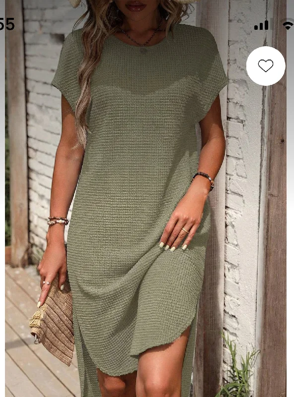 One Click Away from Big Savings!Dresses- Army Green T Shirt Dress w/ Curved Hem