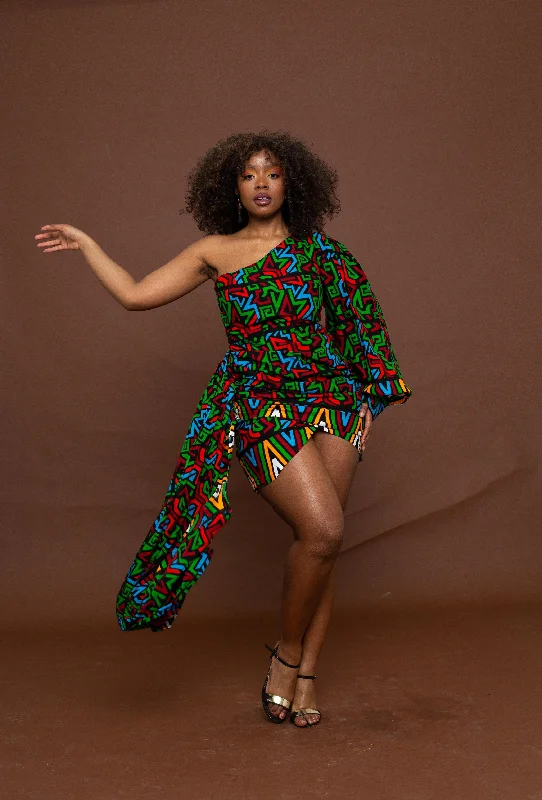 Huge Price Cuts Await!Faye Ankara Short Mini Dress | Green and Red MultiColoured African Print