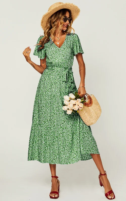 Limited-Time Price Drop!Floral Print Hem Tiered Wrap Midi Dress In Green