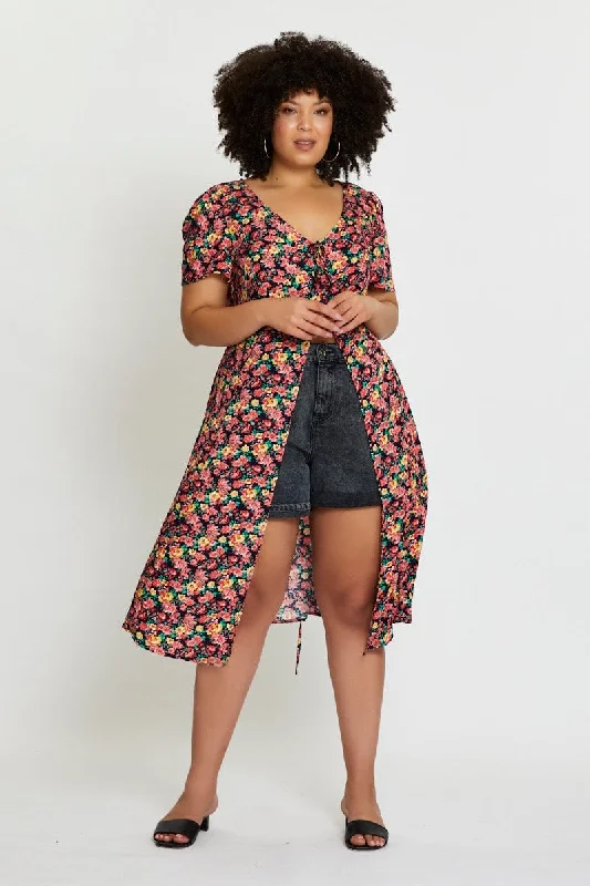 Shop Early, Save Big!Floral Print Midi Dress Short Sleeve Button
