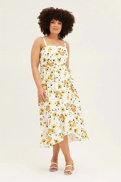 Save More When You Shop More!Floral Print Sleeveless Ruffle Midi Dress