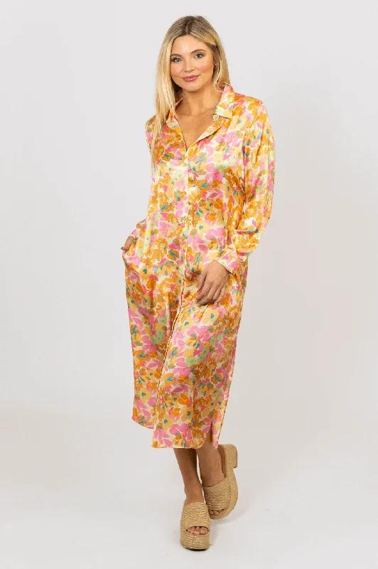 Your Shopping Spree Starts Here!Floral Satin Shirt Dress
