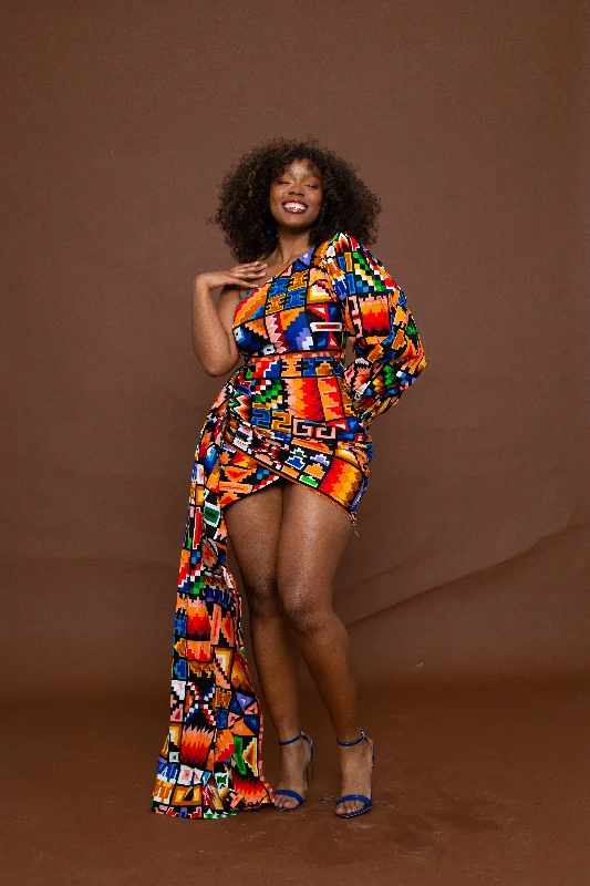 Flash Sale – Act Fast!Frances Short Mini Dress | Blue and Yellow Multicolored African Kente Tribal Print